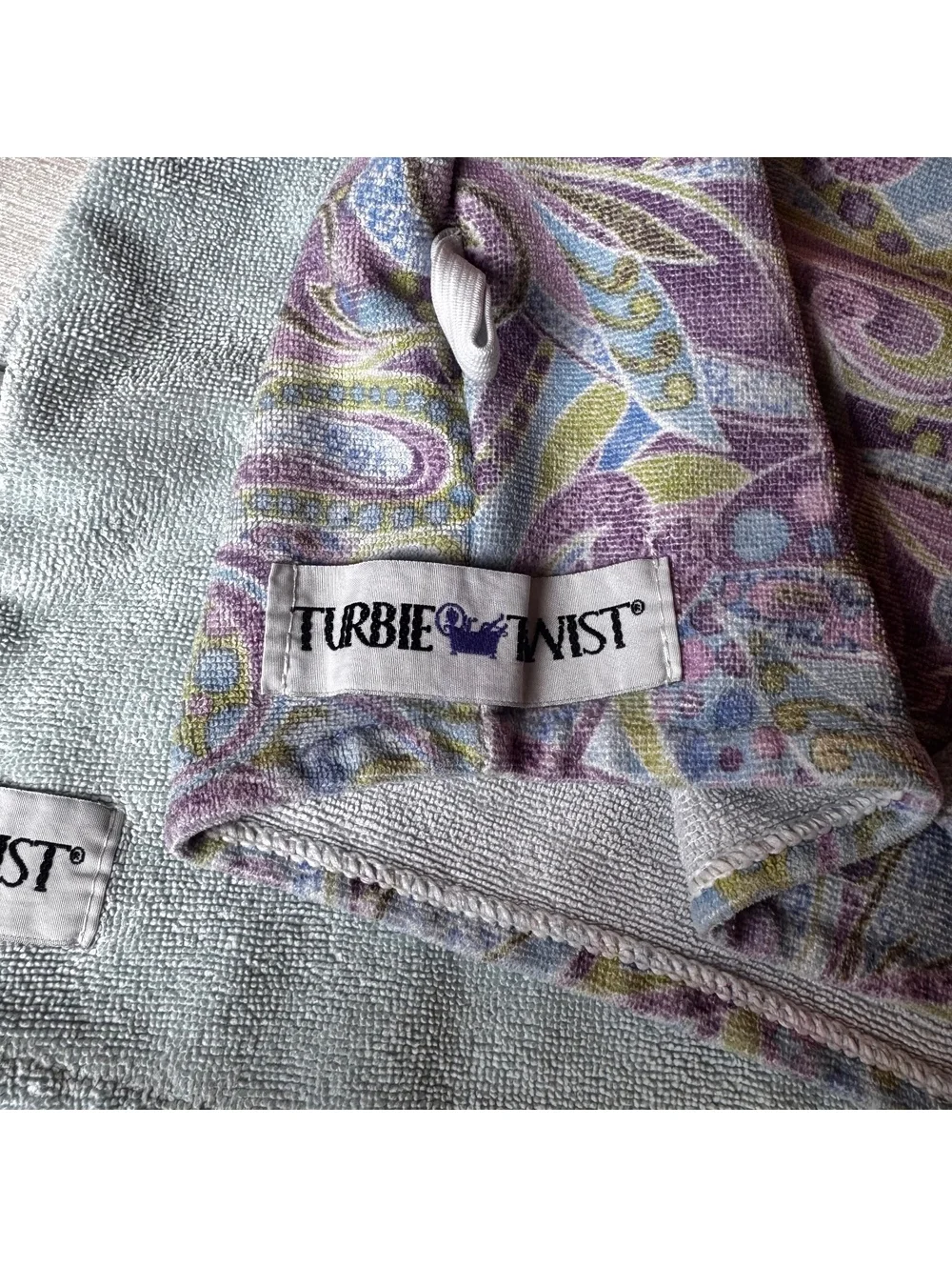Vintage Turbie Twist Hair Towels Set of 2, Microfiber Hair Wrap Aqua & Paisley